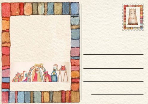 Hand drawn back postcard with Christmas nativity scene