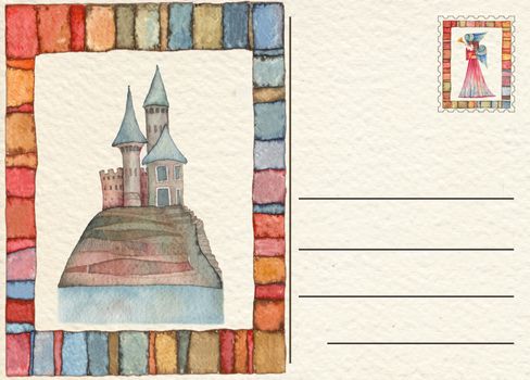 Hand drawn back postcard with Castle, watercolor illustration