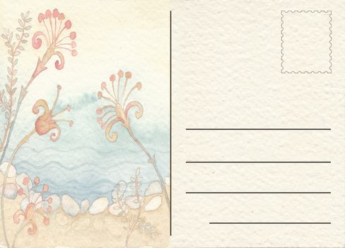 Hand drawn back postcard with flowers