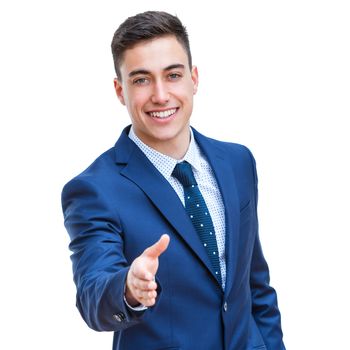 Close up portrait of young Businessman stretching out hand. Isolated on white background.
