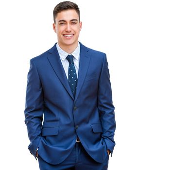 Close up portrait of attractive young businessman in blue suit. Half body portrait Isolated on white background.