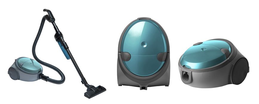full view of a modern household vacuum cleaner of turquoise color on a white background. for copy space and cut out