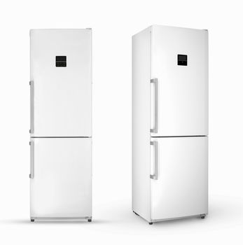 modern household two-chamber refrigerator on a white background, two angles and positions, isolated