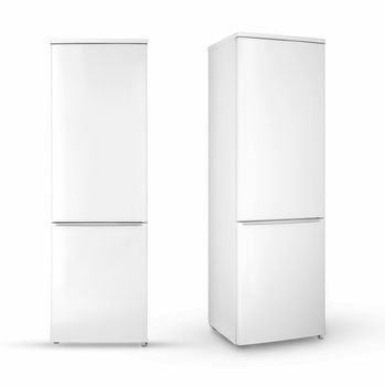modern household two-chamber refrigerator on a white background, two angles and positions, isolated