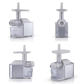 household electric meat grinder on a white background, different perspective positions. kitchen appliances