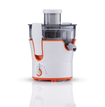electric juicer on white background with reflection. kitchen appliances