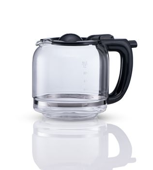glass container from coffee maker on white background with reflection, isolated. kitchen accessories