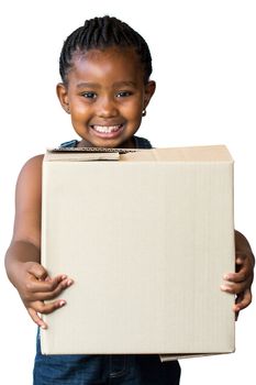 Close up portrait of cute little african girl with braided hairstyle holding big cardboard box.Isolated on white background.