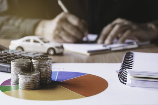 Car insurance and car service. Businessman and toy car for accounting and financial concept.