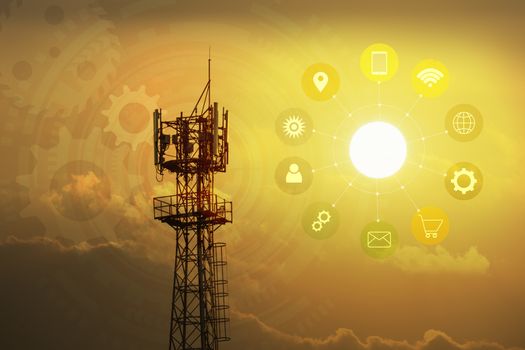 Telecommunication mast TV antennas wireless technology with icon for technology and copy space.