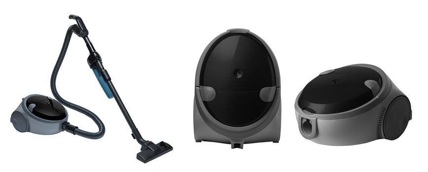 full view of a modern household vacuum cleaner of black color on a white background. for copy space and cut out