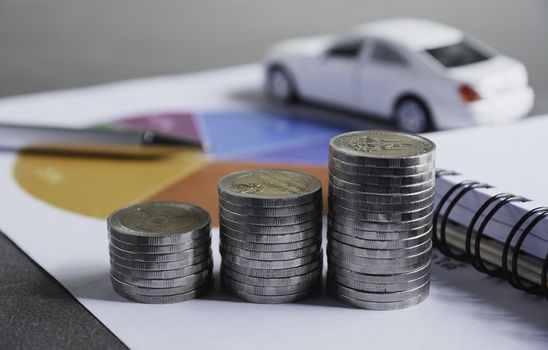 Car insurance and car service with stack of coins. Toy car for accounting and financial concept.