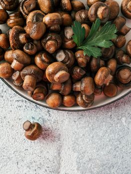 Ready-to-eat fried mini champignons on plate with copy space. Perfect mini mushrooms heap on plate over gray cement background. Natural day light. Top view or flat lay. Vertical.