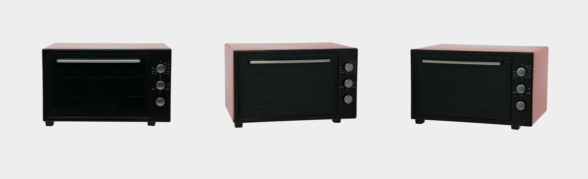 three position small household ovens in red on a white background