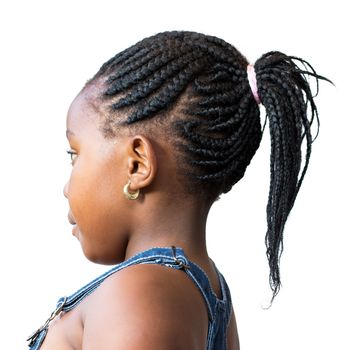 Close up Side view of little african girl with braided hairstyle and ponytail.Isolated on white background.