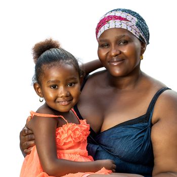 Close up portrait of african woman with her little girl sitting on lap.Isolated on white background.