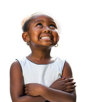 Portrait of small African girl looking up.Isolated on white background.