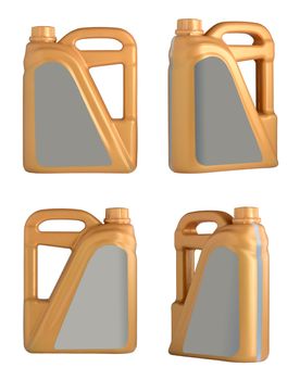 Set of brown plastic canisters of engine oil isolated in different positions in a white background