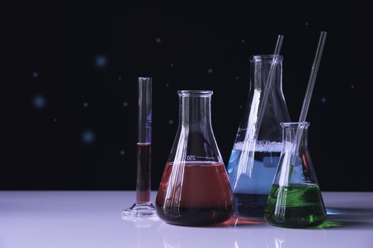 Glass laboratory chemical test tubes with liquid for analytical , medical, pharmaceutical and scientific research concept.