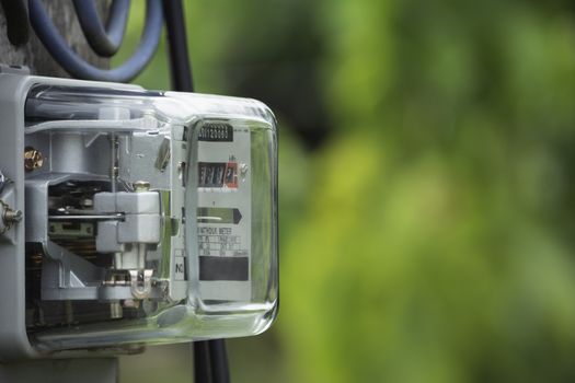 Electric power meter measuring power usage. Watt hour electric meter measurement tool with copy space.