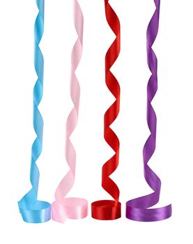 blue, pink, red and purple satin twisted ribbons isolated on white background, close up