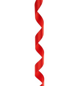 curled red satin ribbon isolated on white background, festive backdrop