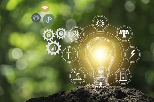 Light bulbs with glowing one. technology and creativity concept with light bulbs and copy space for insert text