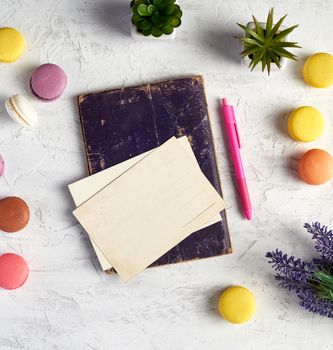 baked round macarons, empty postcards, notebook, pink pen and plants in a pot on a white background, top view