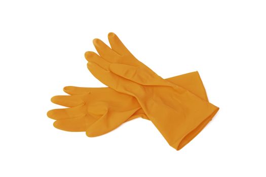 Close-up two orange rubber gloves isolated on a white background.