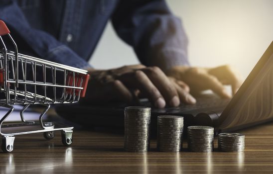 Businessman with money coin stack and shopping cart for financial and accounting concept.