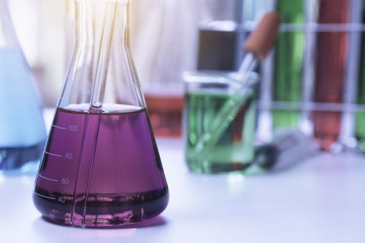 Glass laboratory chemical test tubes with liquid for analytical , medical, pharmaceutical and scientific research concept.