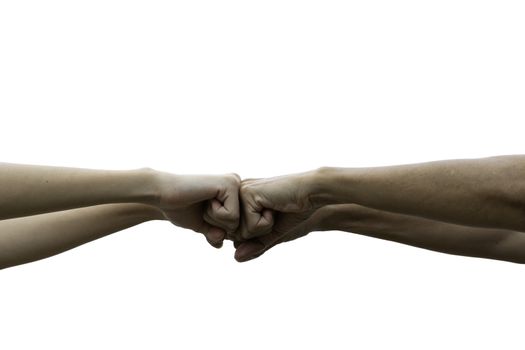 Friend fist bump together isolated on white background. Fist bump between colleagues. Friendship and teamwork concept.