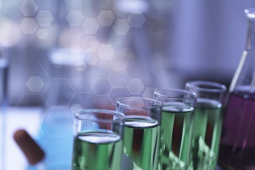 Glass laboratory chemical test tubes with liquid for analytical , medical, pharmaceutical and scientific research concept.