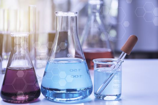 Glass laboratory chemical test tubes with liquid for analytical , medical, pharmaceutical and scientific research concept.