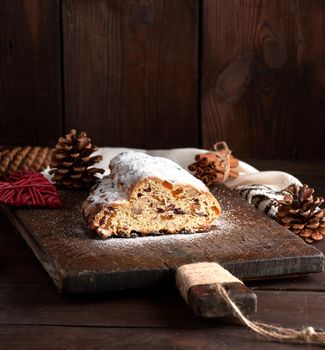 Stollen baked a traditional European cake with nuts and fruit, top view