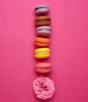 sweet multi-colored macarons with cream and a pink rose bud on a pink background, top view, flat lay, copy space 