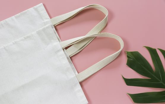 White tote bag canvas fabric. Cloth shopping sack mockup with copy space.