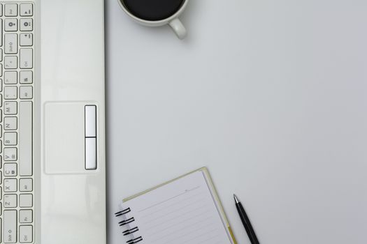 Computer with office equipment on white background for technology and business concept.