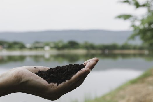 Hand of male holding soil in the hands for planting with copy space for insert text.