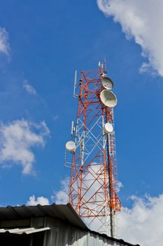 High Telecommunication Tower with White Cloud and Blue Sky Background
