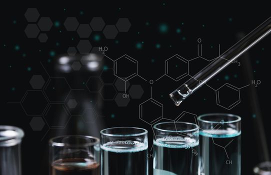 Glass laboratory chemical test tubes with liquid for analytical , medical, pharmaceutical and scientific research concept.