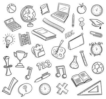 Hand drawn education icons vector against white background