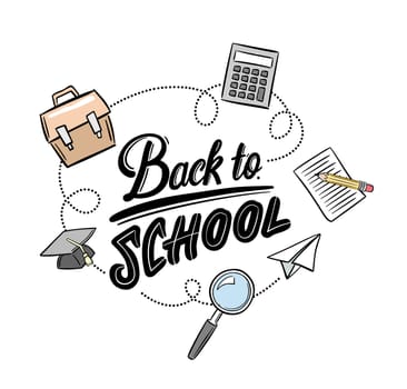 Back to school message with education icons vector against white background