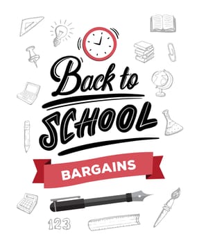 Back to school message with bargains banner vector against education items background