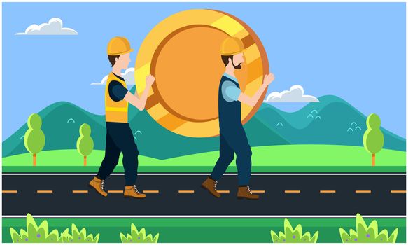 builder carrying a big coin on the road