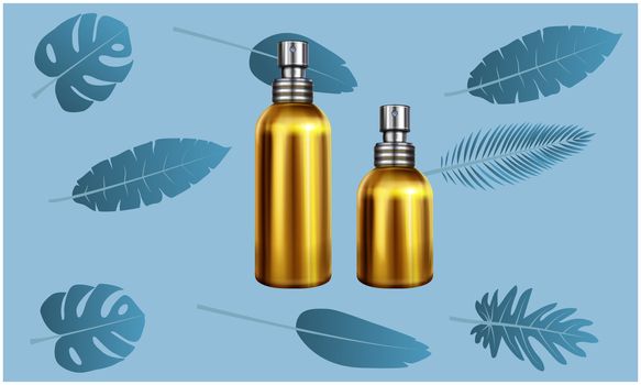 mock up illustration of different size of perfume on abstract leaves background