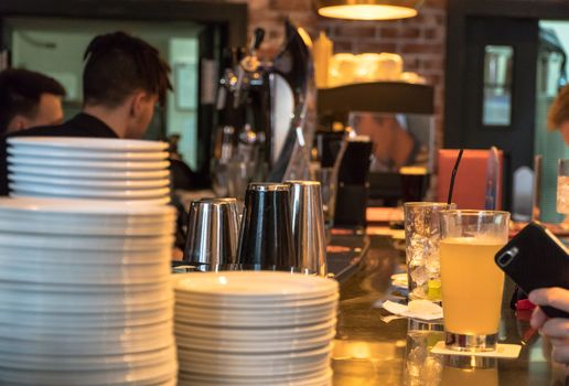bar counter with tableware in the nightclub