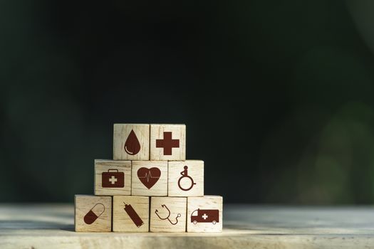 Cubes dice health and medical symbols with copy space. Healthy and medical concept.