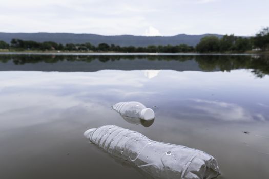 Plastic water bottles pollution in the river. Plastic trash in water. Environmental pollution concept.