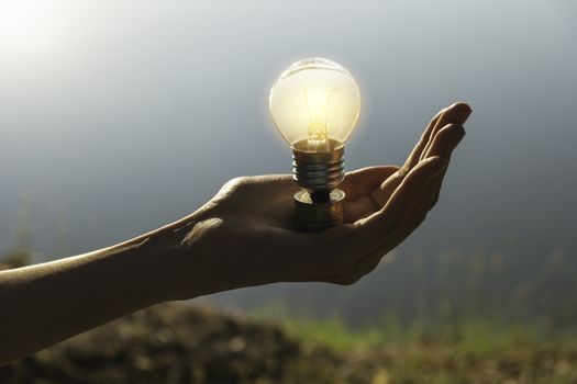 Hand of male holding a light bulb and copy space for energy, ideas and creative concept.